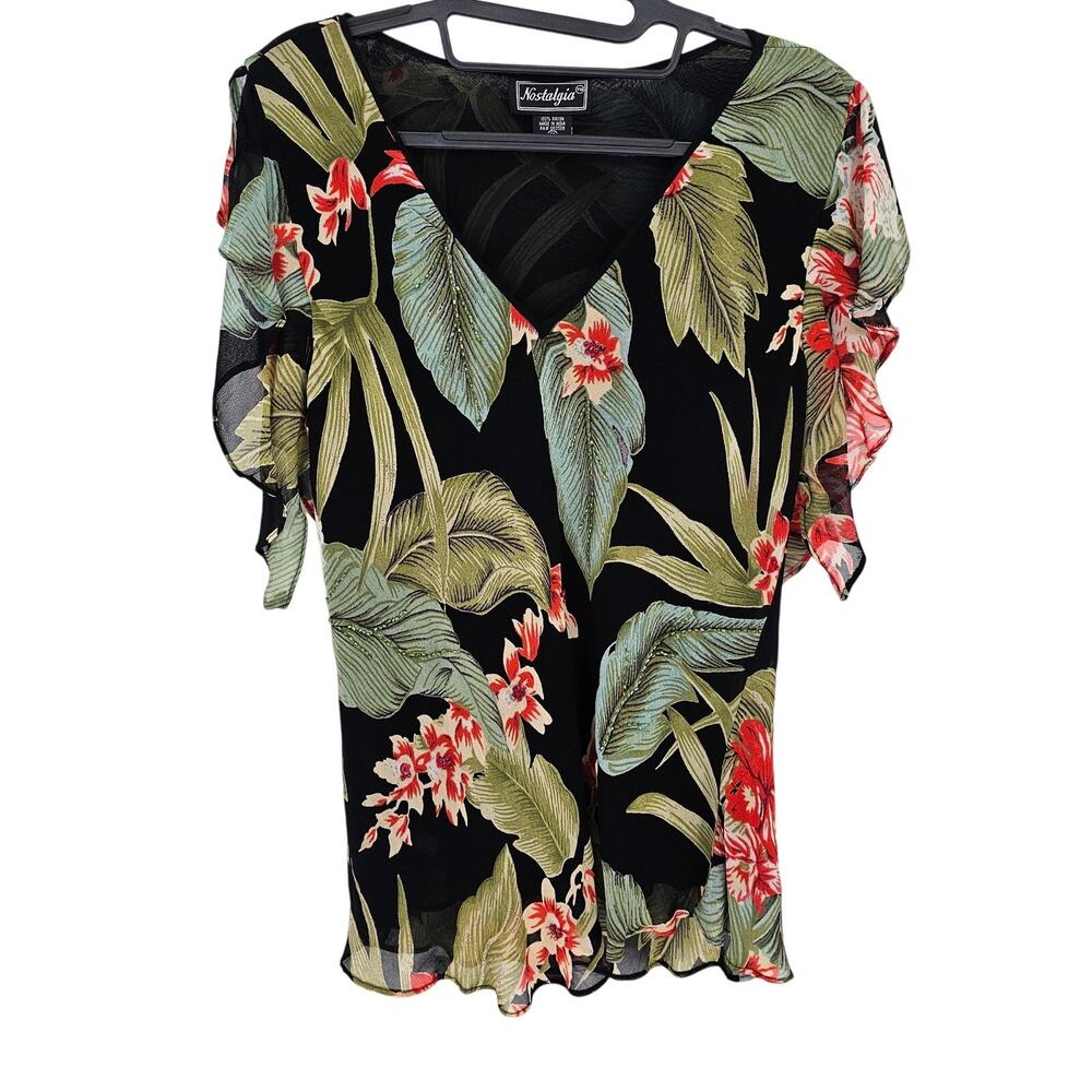 Vintage Nostalgia Black Green Tropical Floral Resortwear Flutter Sleeve Blouse M